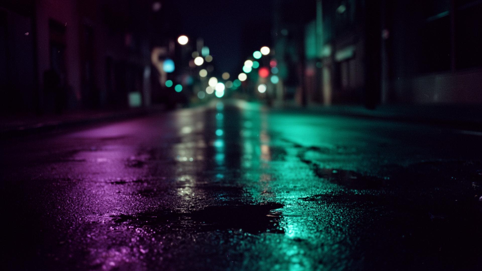 Wet city street at night reflecting cool purple and cyan lights